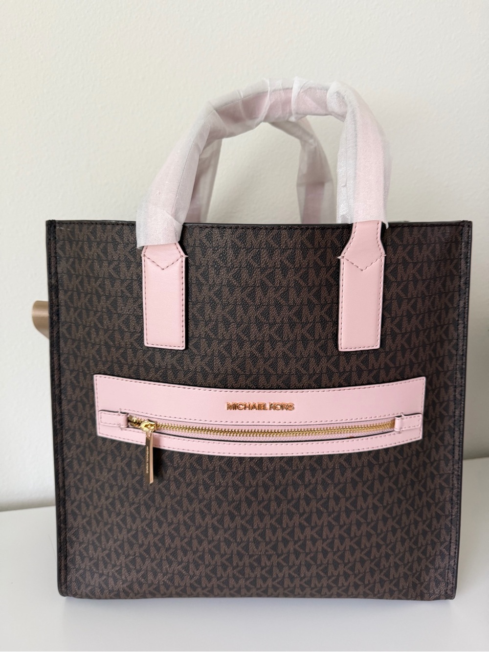 Michael Kors Brown Logo Satchel with Pink Trim and Gold Hardware